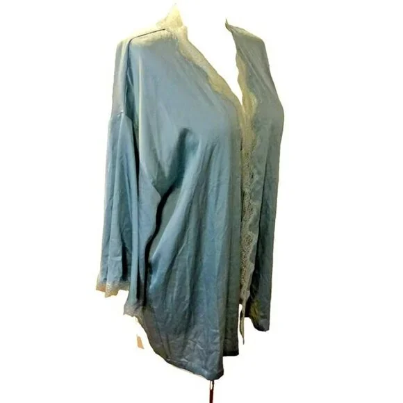 Victoria's Secret Pre-Loved M/L Lace Trim Polyester Short Sage Green Robe Kimono - Picture 2 of 12